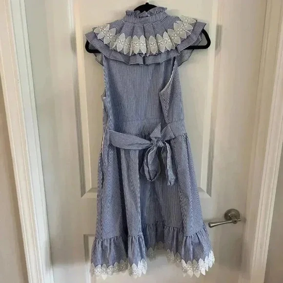 809 Ted Baker stripped blue white lace detail midi dress size 4 - Picture 13 of 14